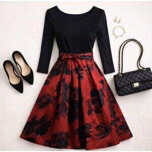 ELLE XS Red Black Floral Fit & Flare Midi Dress 3/4 Sleeve Old Hollywood Style